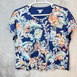 Tommy Bahama Top Womens XL Blue Floral Tropical Short Sleeve Twist Back Tee